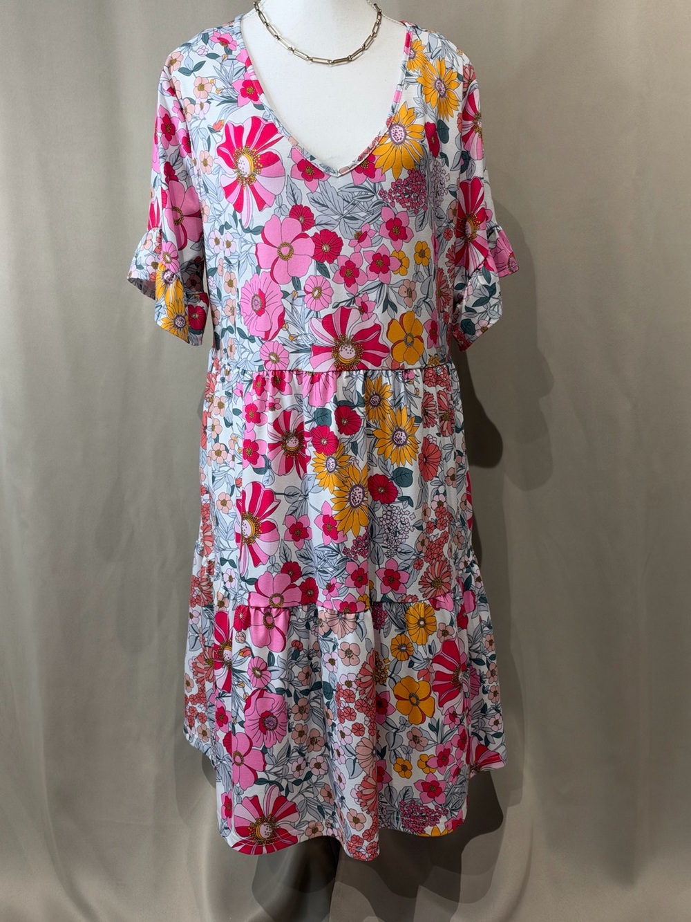 Floral V-Neck Pink & Yellow Dress